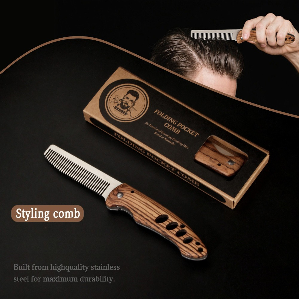 Men'S Grooming Essentials - Solid Wood & Metal Folding Beard
