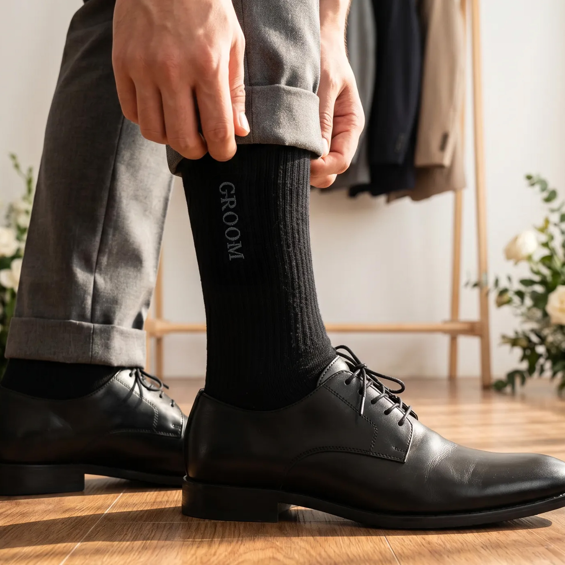 Men'S Grooming Wedding Day - Groom Embroidered Classic Black Socks, Formal